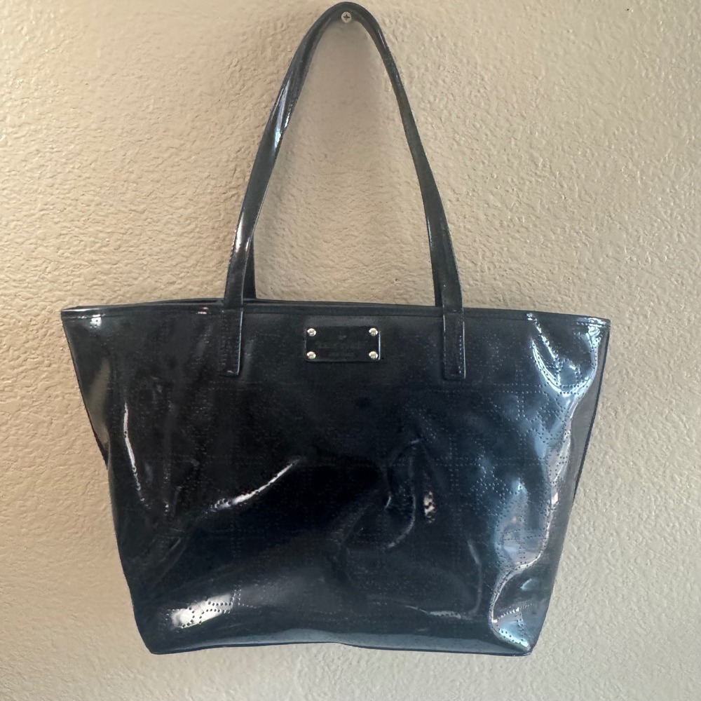 Kate Spade New York Black Patent Perforated hearts Spade Tote Shoulder Bag